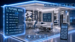 Interior render of an Embassy World Jomtien luxury condominium demonstrating futuristic smart home technology with holographic overlays for mobile app control, air quality monitoring, and digital temperature settings.