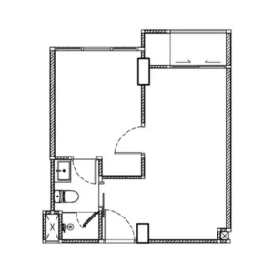 Architectural 2D floor plan layout of a 33-35 SqM 1-bedroom unit at Embassy World Jomtien showing the living area, private bedroom, bathroom, and balcony.
