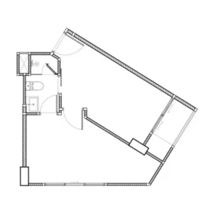 Architectural 2D floor plan layout of a 34 SqM 1-bedroom unit at Embassy World Jomtien showing a separate bedroom, private bathroom, living area, and balcony.