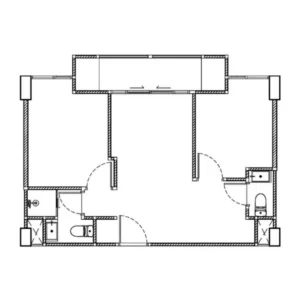 Architectural 2D floor plan layout of a 50-51 SqM combined studio 2-bedroom unit at Embassy World Jomtien showing dual bedrooms, bathrooms, central living space, and balcony access.