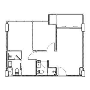 Architectural 2D floor plan layout of a 51.5-52.5 SqM 2-bedroom unit at Embassy World Jomtien showing two separate bedrooms, two bathrooms, living room, and balcony.