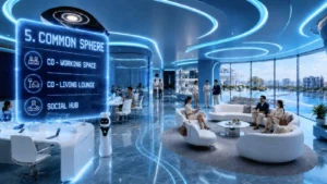 Interior render of the Common Sphere at Embassy World Jomtien, featuring a futuristic co-working space, co-living lounge, and social hub with a service robot and lagoon views.
