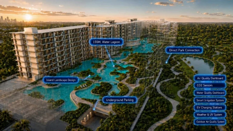 Aerial master plan rendering of Embassy World Jomtien featuring a 155m water lagoon, island landscape design, direct park connection, and eco-smart environmental monitoring systems