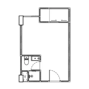 Architectural 2D floor plan layout of a 25-26 SqM studio unit at Embassy World Jomtien showing the main living area, integrated bathroom, and balcony space.